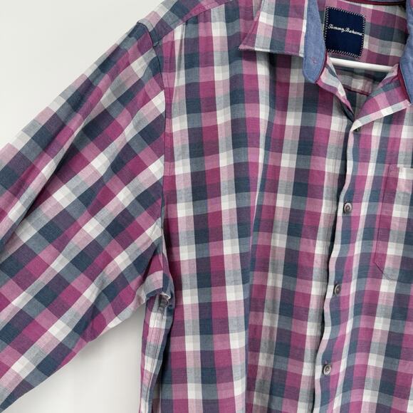 Tommy Bahama Stretch Long Sleeve Button Up Shirt Mens Large Fuchsia Blue Plaid - Picture 3 of 8